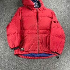 Eddie Bauer Goose Down Puffer Jacket Red Hooded Field Tested YOUTH M Vintage 00s